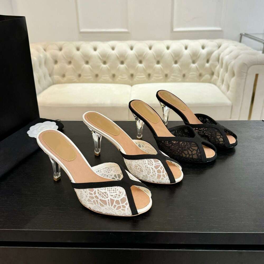 10 a quality Luxury shoe mesh Stiletto heels slippers High-heeled sandals heel slides Fish mouth open toes Clear heel designer heels wed dress party sexy woman shoes