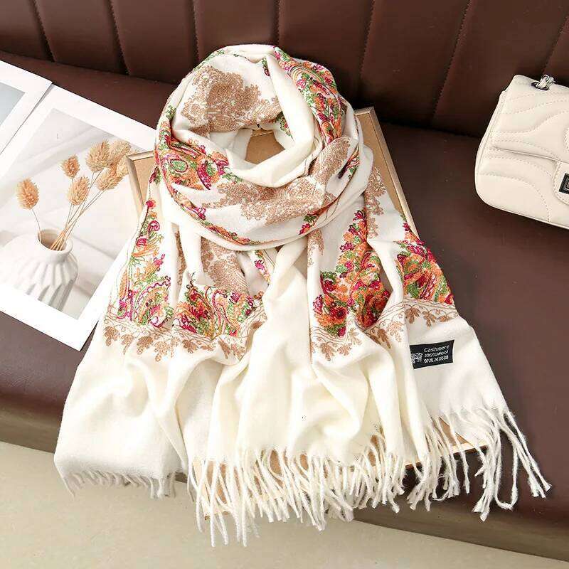 New Diamond-shaped Embroidered Imitation Cashmere Scarf Female Popular Ethnic Style Thickened Warm Fringed Shawl Z260226