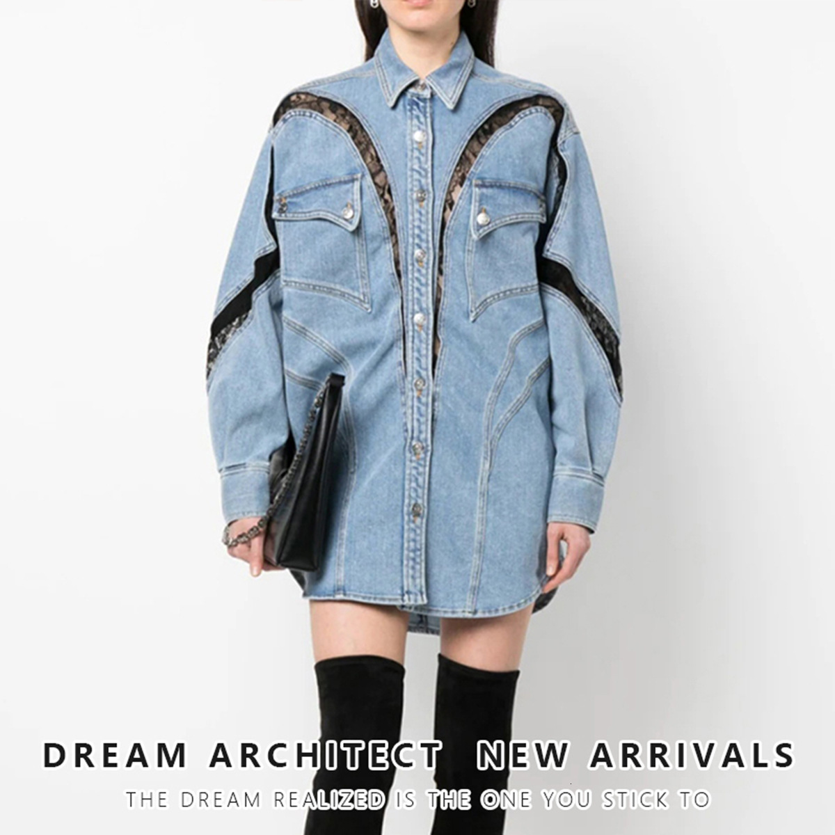 Niche Design Three-Dimensional Split Shirt 25 Spring Summer Lace Color-Block Oversized Shirt-Style Denim Jacket for Women 231005