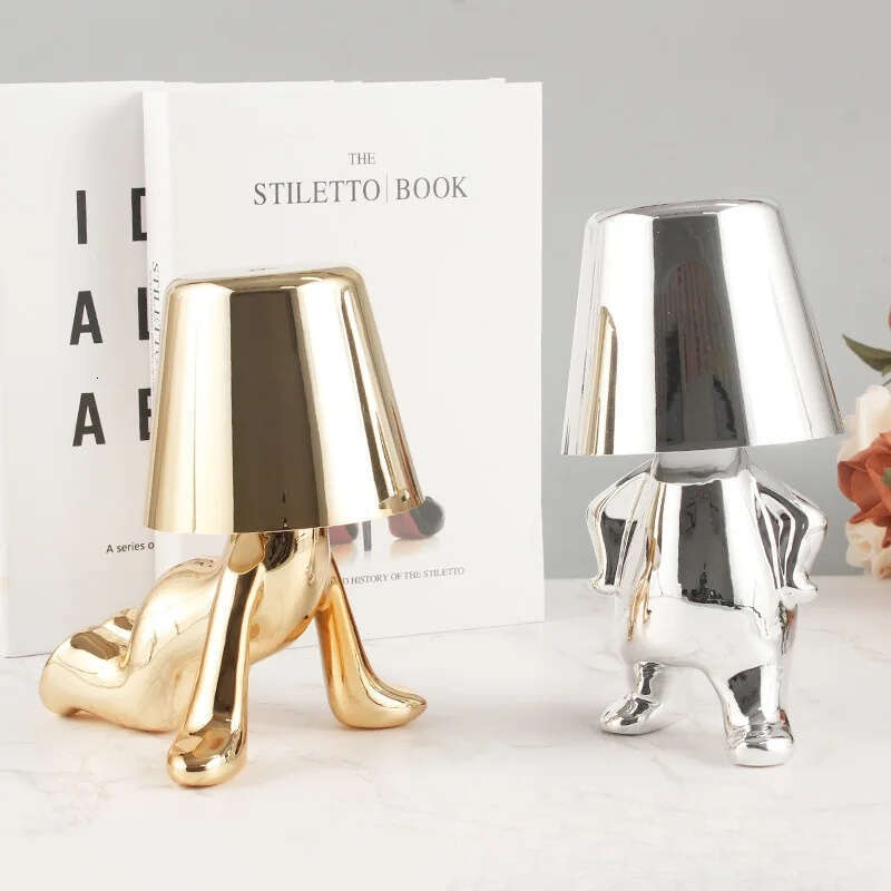 Gold Man Thinking Figurine Night Bar Coffee Shop Decor Atmosphere Light Bedside Table Lamp Z260227