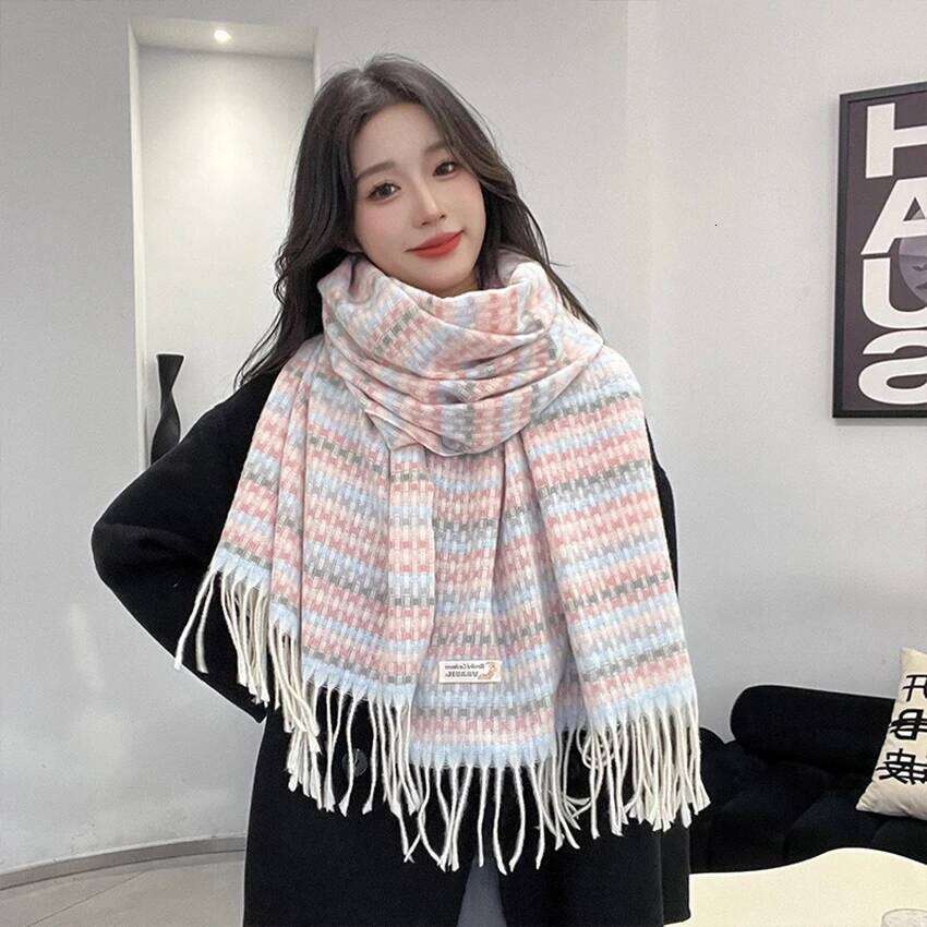1pc Women's Rainbow for Autumn Winter, Stylish Warm Plaid Tassel Scarf Shawl, Sweet and Versatile Thick Neck Z260226