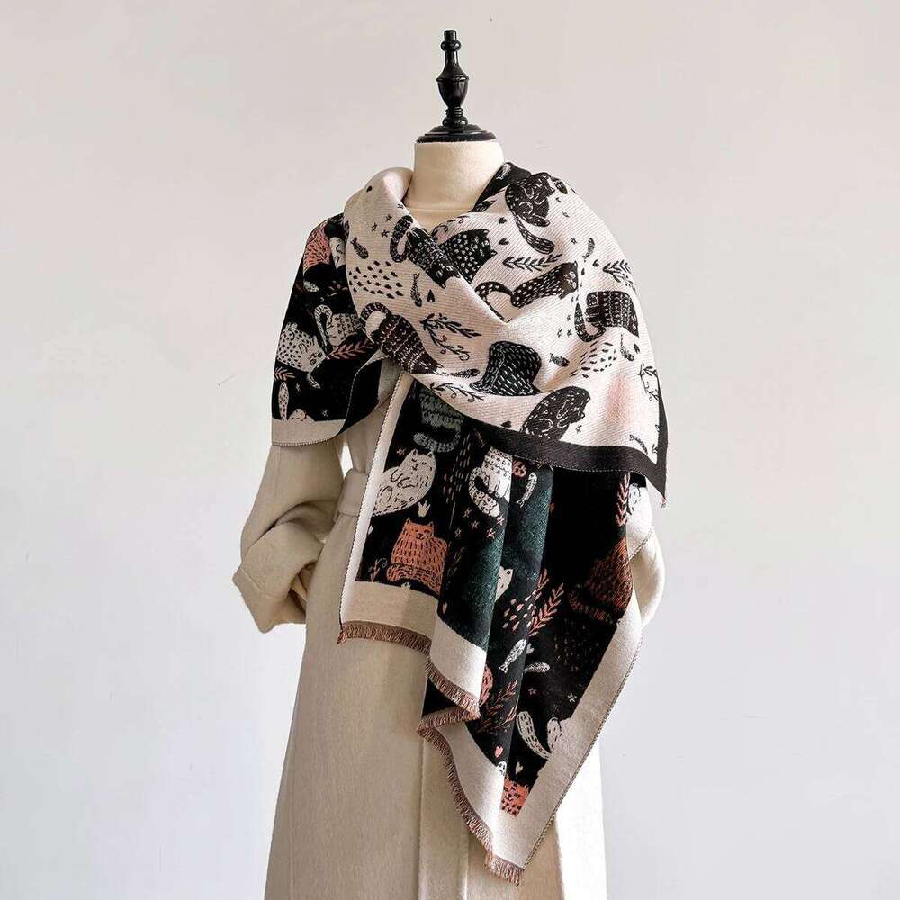 Cute Cartoon Jumping Cat Shawl Female 2025 Spring New Korean Version Autumn Winter Warm Shoulder Neck Versatile Scarf Z260226