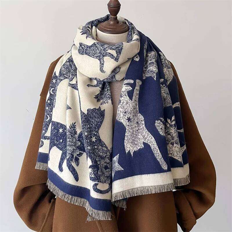 Warm Winter Blanket Cashmere Scarf for Women Design Cat Print Thick Pashmina Shawls and Wraps Bufandas Female Poncho Echarpe Z260226