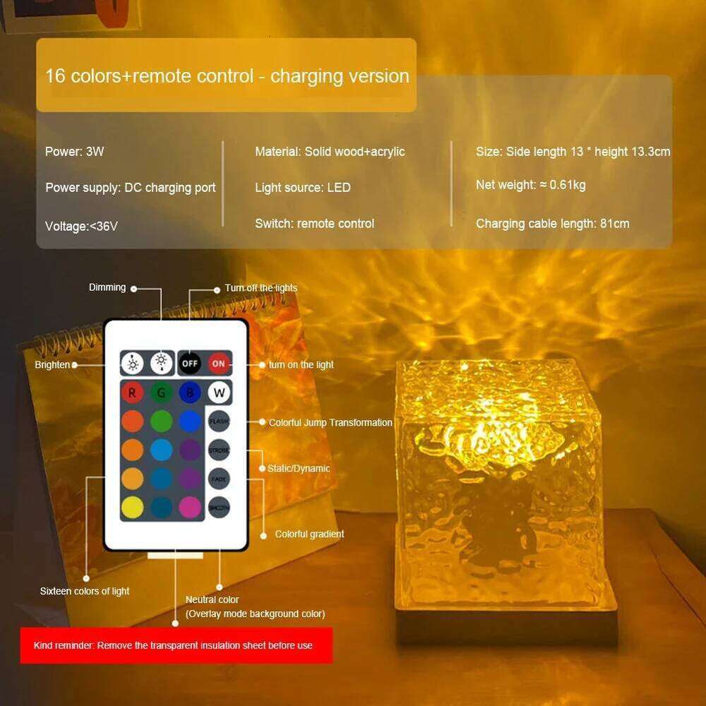 Dynamic Water Ripple Projector Night 16 Colors Flame Crystal Lamp for Living Room Study Bedroom Rotating Light Z260227