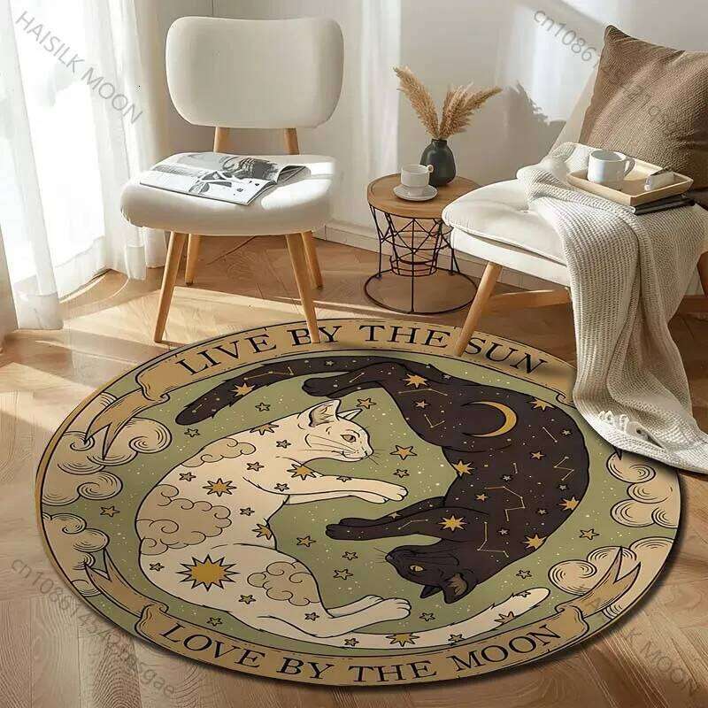 1PC Retro Tarot Cat Print Round Bedroom Living Room Doormat Sofa Table Home Decor Area Rug Floor Mat for Gifts H260226