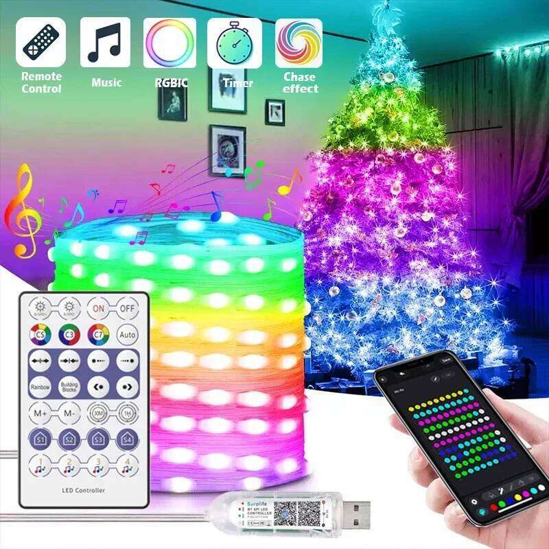 WS2812B Led String Christmas Tree Lights 5m/10m BT Music App Control RGBIC Dreamcolor Addressable Party Decoration USB DC5V Z260226