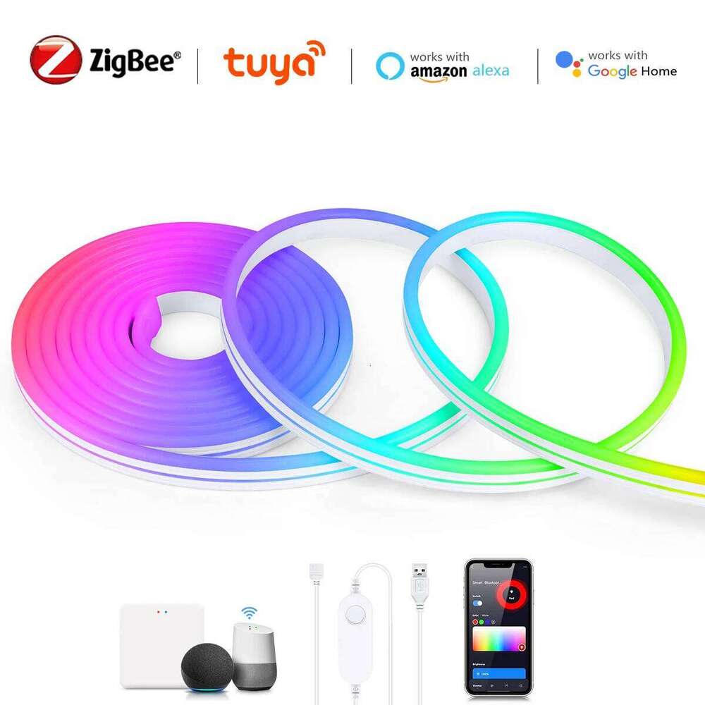 Zigbee 3.0 Neon RGB LED Strip Light USB 5V Tape Ribbon Dimmable Work With Tuya Smart Gateway Bridge SmartThings Alexa Google Z260226