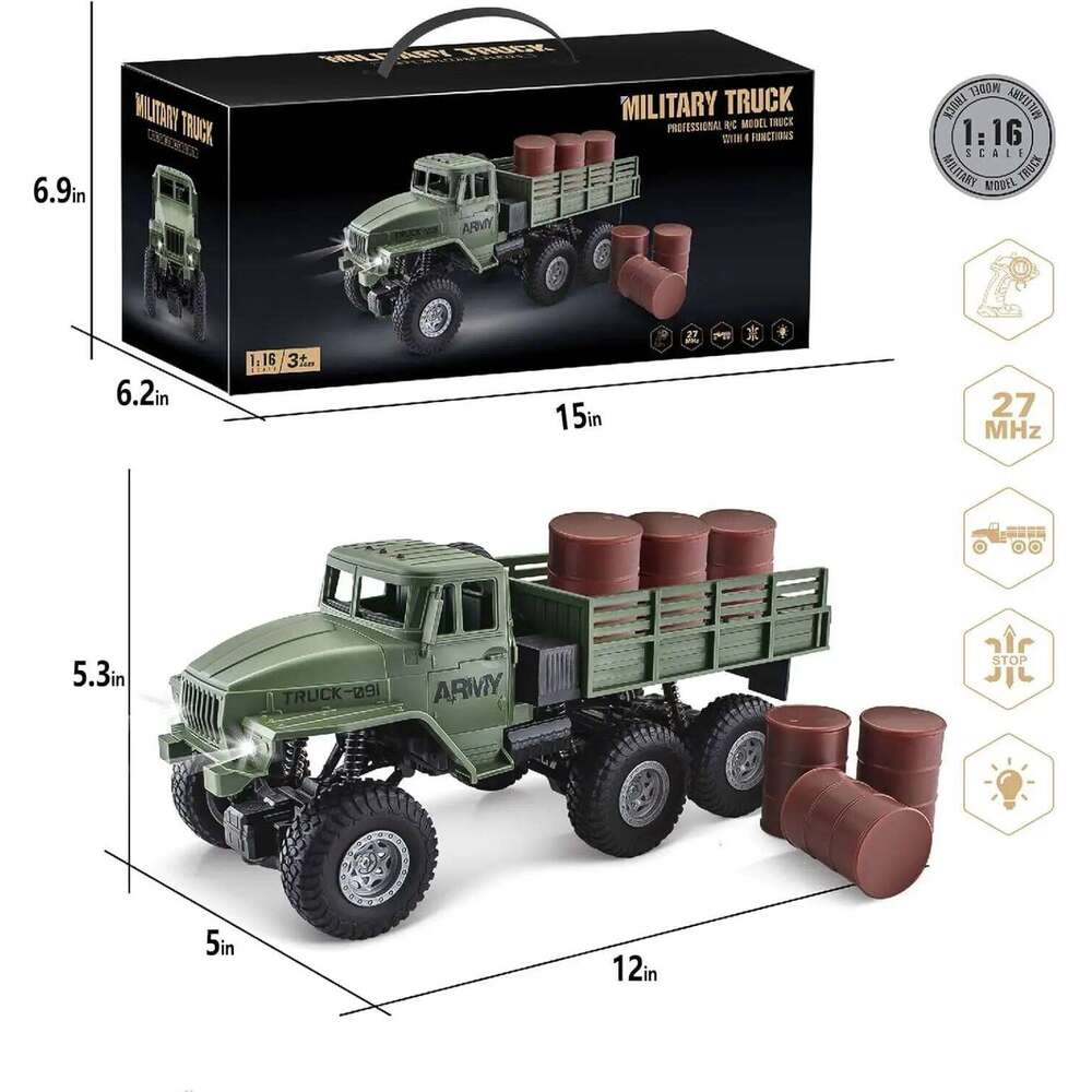 RC Military 6x6 Road Car 1/16 Scale Remote Control Truck 4WD All Terrain Rock Army Transport Vehicle Toy Ve H260227