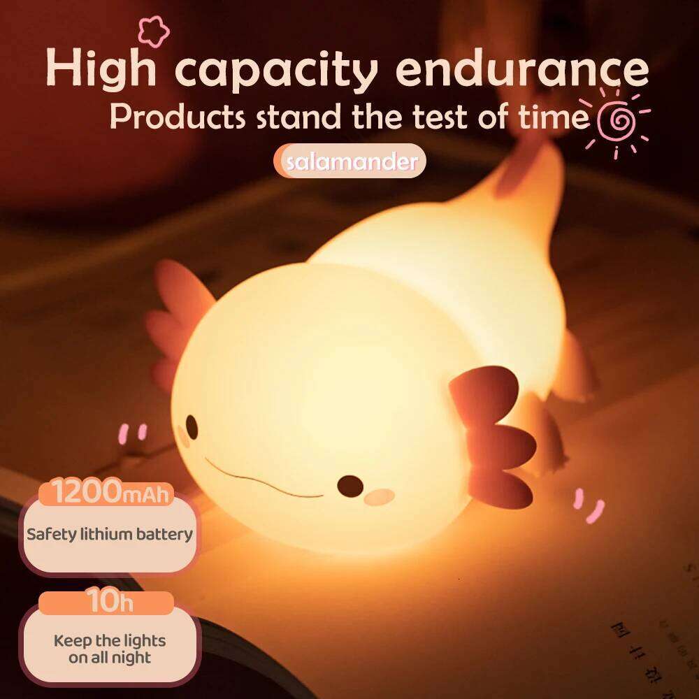 Novelty Silicone Axolotl Night Light Rechargeable Nursery Sleeping Lamp Touch Control Nightlights for Baby Room Decor Z260227