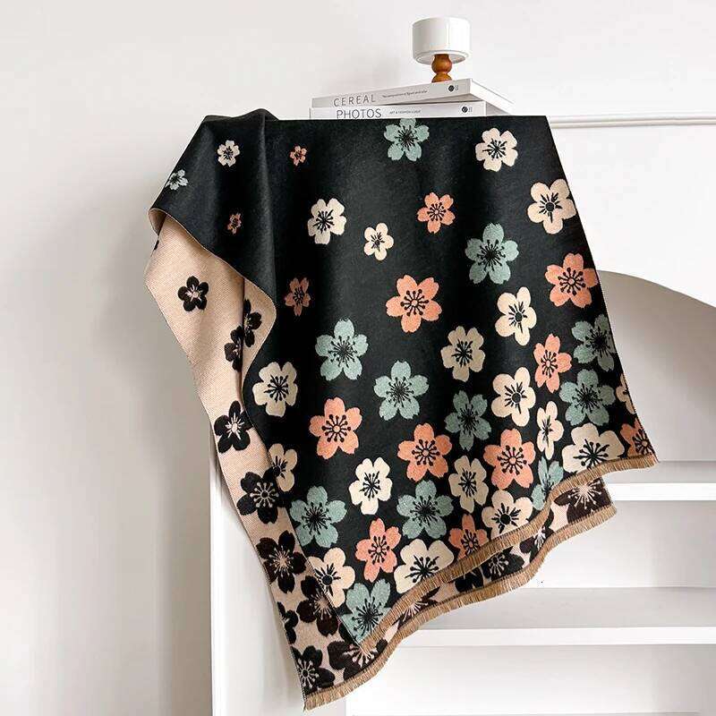 Elegant Floral Bouquet Imitation Cashmere Soft Warm Versatile Shawl Coldproof Windproof Blanket Scarf for Autumn Winter Z260226