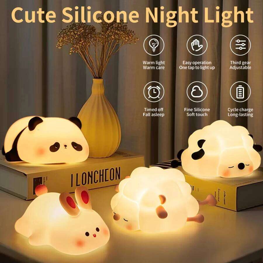 LED Night Light for Kids Birthday Gift Panda Sheep Rabbit Cute Silicone Nightlights Rechargeable For Bedroom Bedside Decor Z260227