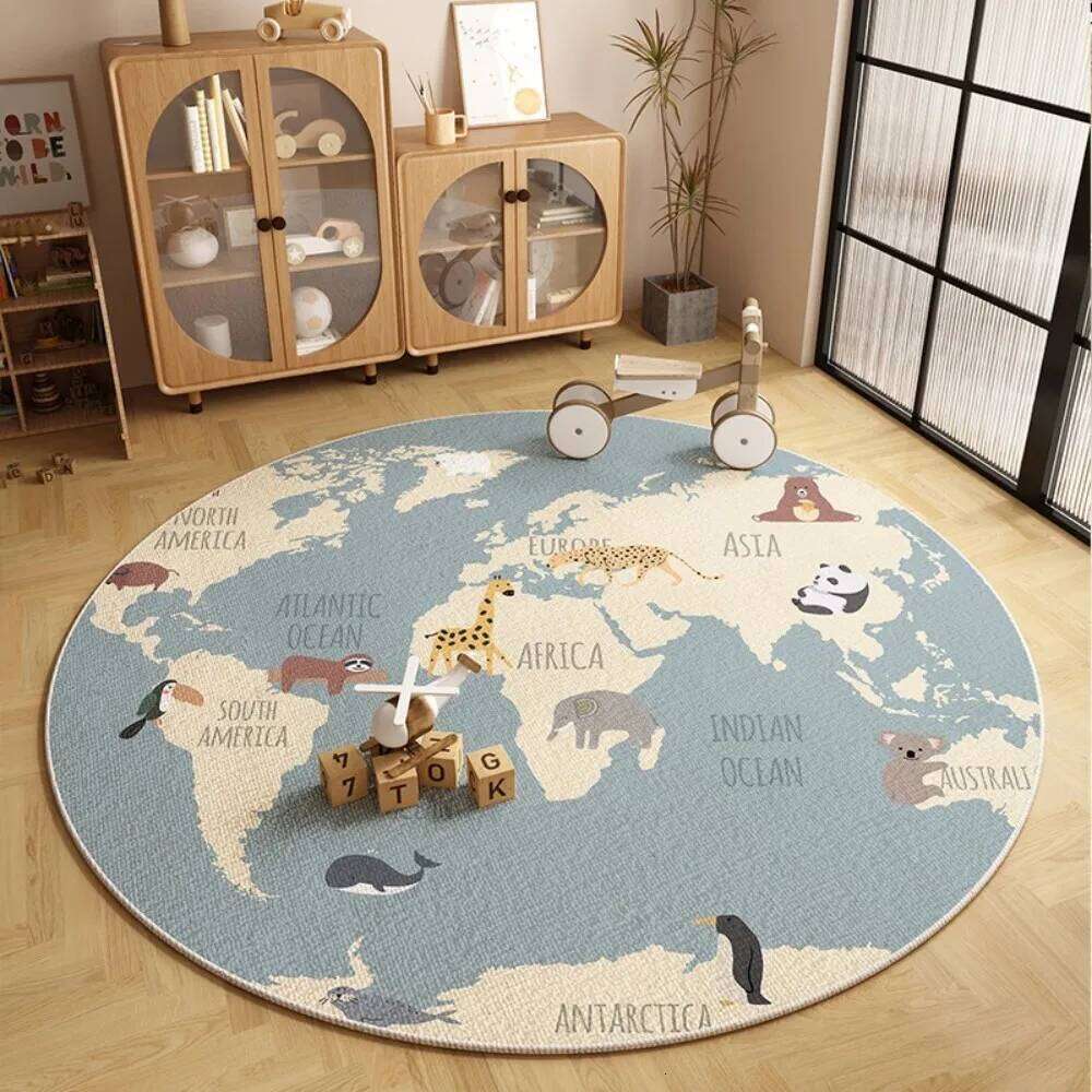 VIKAMA Cartoon World Map Round Scandinavian Style Non Slip Wear Resistant Easy To Clean Decorative Carpet Home Decoration H260226