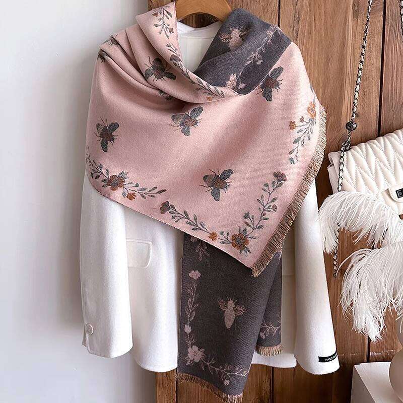 2025 New Brand Little Bee Flowers Scarf for Women Warmer Winter Pashmina Print Scarves Shawls Female Thick Blanket Wraps Foulard Z260226