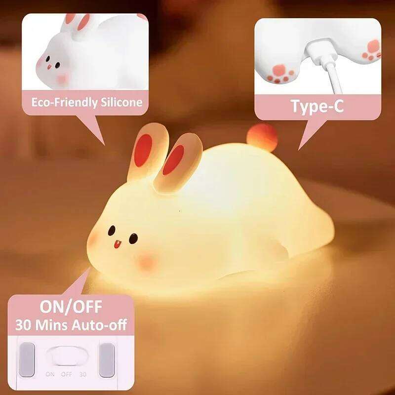 Bunny Night Light Silicone Nursery Cute Sleeping Lamp USB Rechargeable Touch Switch Control Table Led for Child Girlfriend Gift Z260227