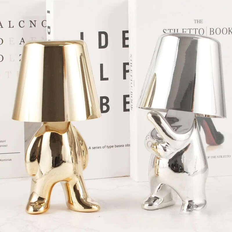 Gold Man Thinking Figurine Night Bar Coffee Shop Decor Atmosphere Light Bedside Table Lamp Z260227