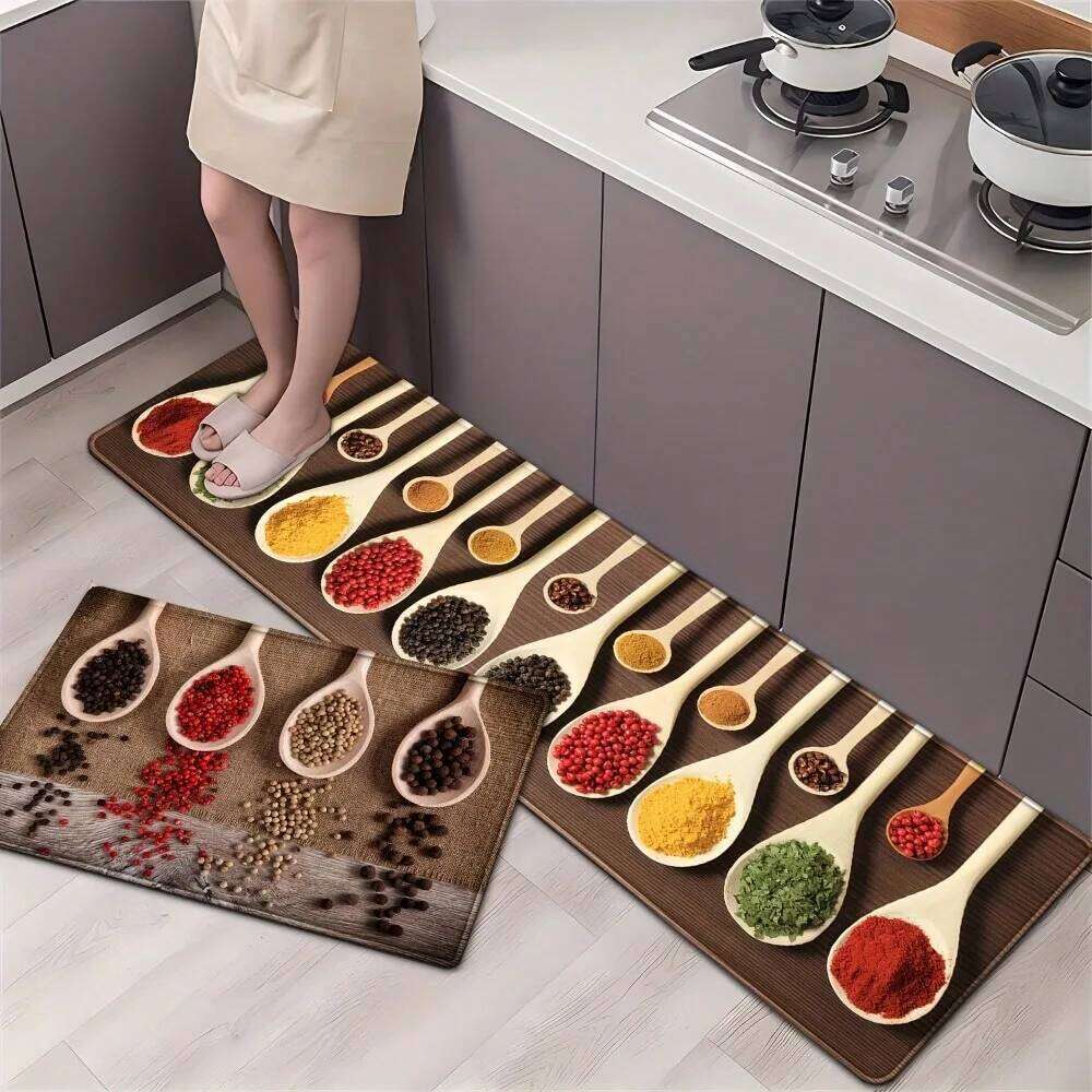 Kitchen Carpet Rug - Utensils Spoon & Spice Design with 'BON APPETIT' Quote for Dining Room Home Decoration Floor Mat H260226