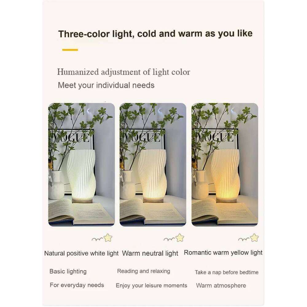 Nordic style creative 3D printing three-color LED button dimming wood base living room desk bedside decorative lamp Z260227
