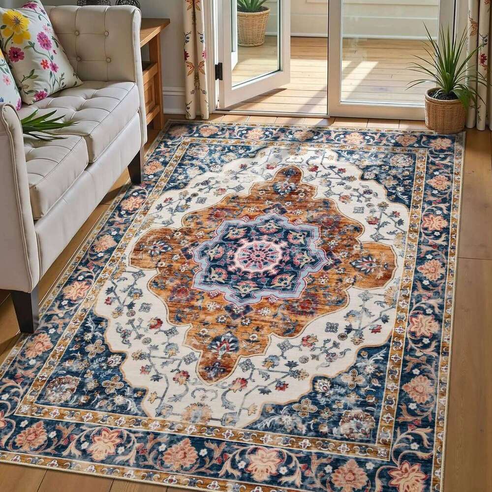 Red Boho Rug Entryway, Non-Slip Washable Rugs Oriental Indoor Mat Floor Carpet for Entrance Bedroom Kitchen Bathroom H260226