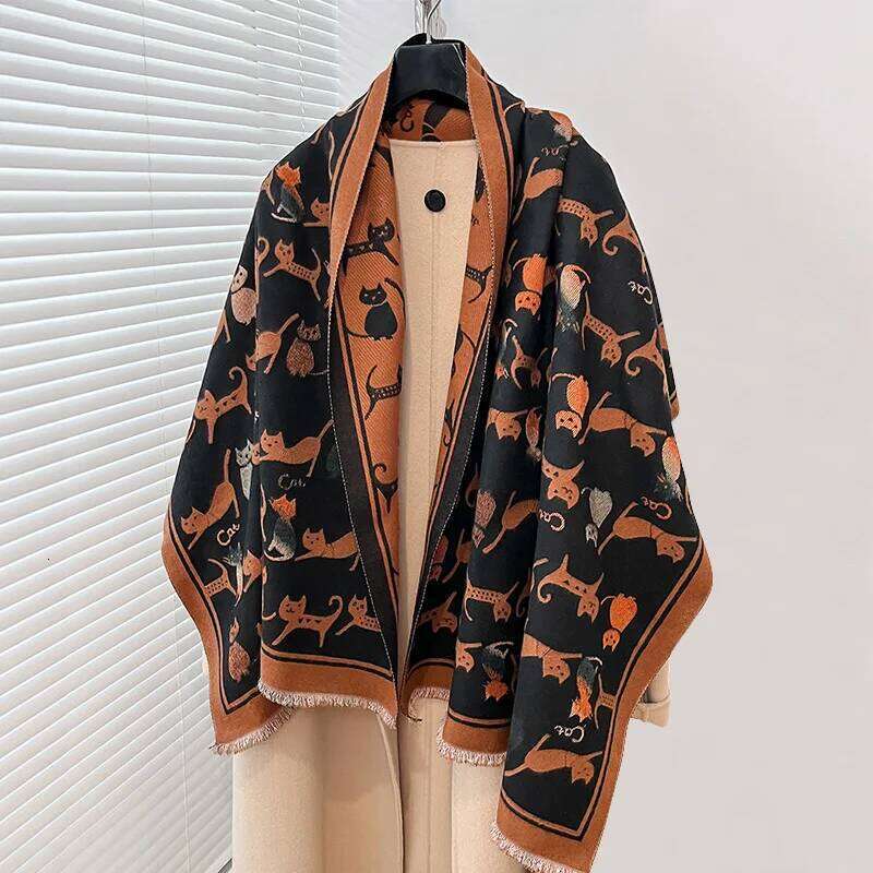 Elegant Ladies' Animal Cat Pashmina Autumn Winter Thick Warmth Double Sided Tassel The Shawl Coldproof Windproof Blanket Scarf Z260226