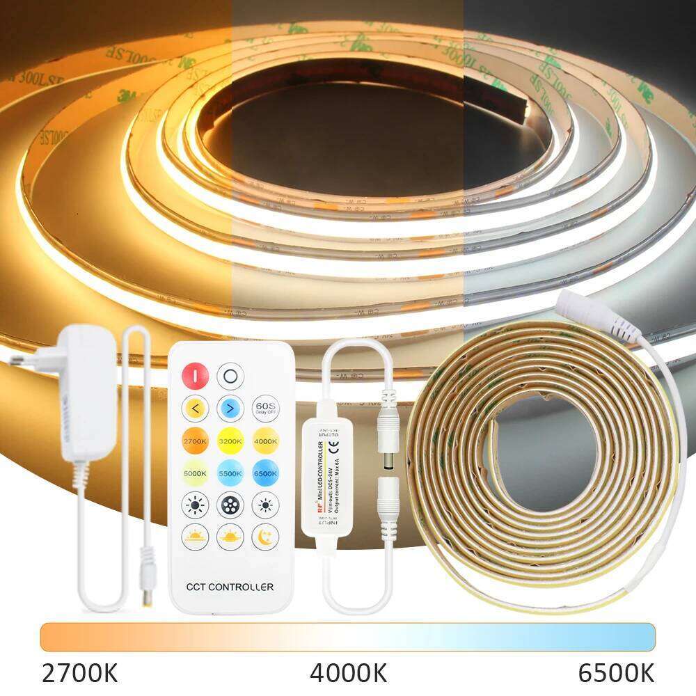 CCT COB Strip Light 24V Dimmable 1M 2M 3M 4M 5M WW CW Dual White FCOB LED Tape Ribbon Linear Lamp with RF Remote Control Kit Z260226