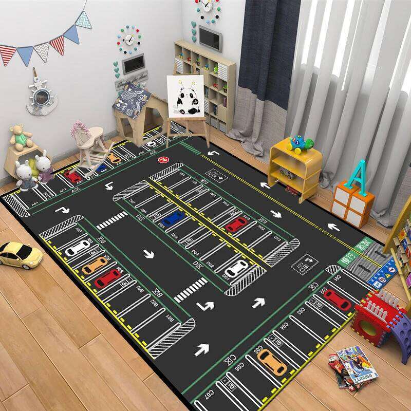 Interactive Cartoon Race Track Rug Playful Car Design Floor Mat for Kids Bedroom Living Educational Carpets Game Room H260227 - view 3