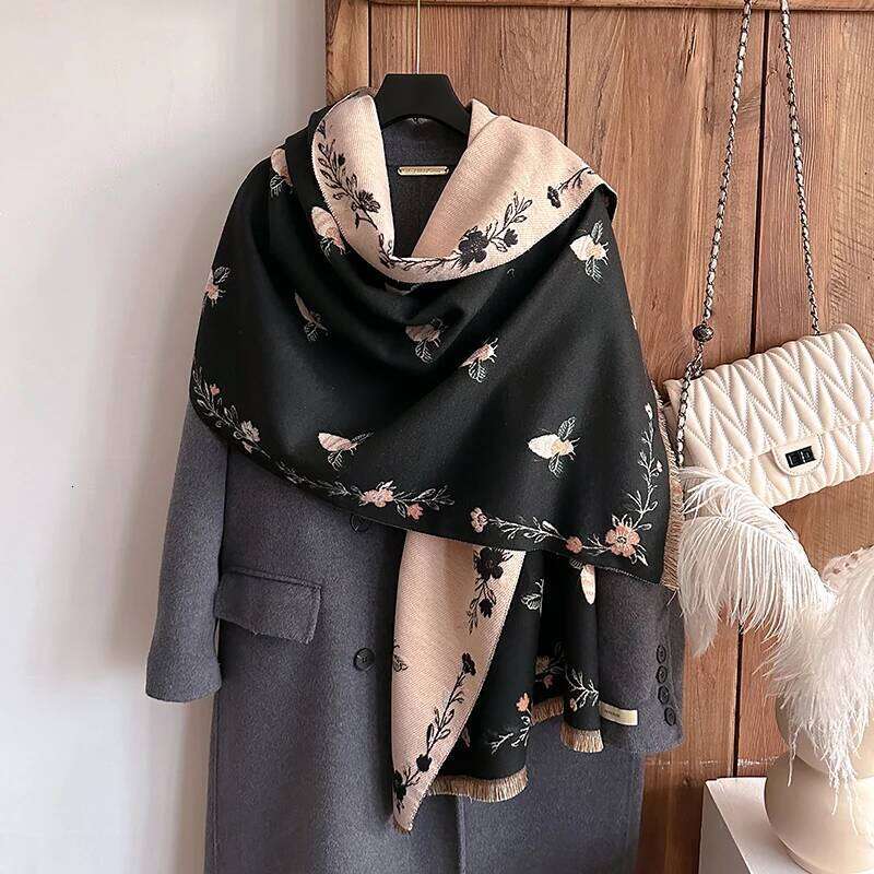 2025 New Brand Little Bee Flowers Scarf for Women Warmer Winter Pashmina Print Scarves Shawls Female Thick Blanket Wraps Foulard Z260226