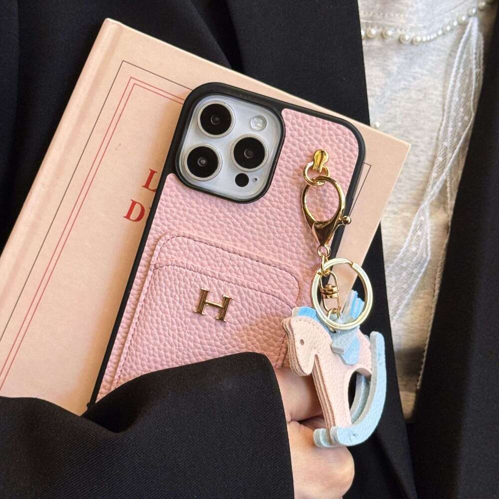 Luxury phone caseNew Card Slot + Rocking Horse iPhone 17 Lychee Texture Genuine Leather Feel Compatible with Samsung S25 Protective Case