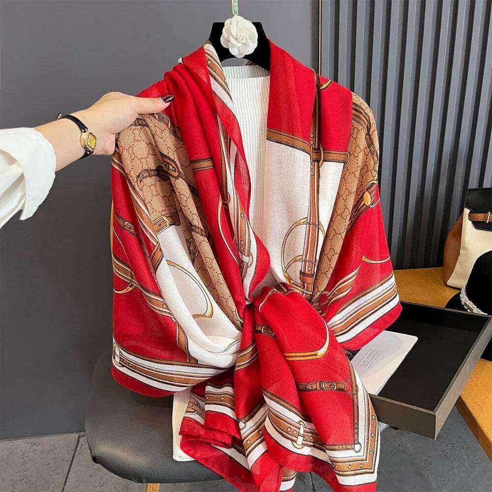 180x85cm Chain Print Scarf - Women's Autumn/Winter Cotton Hemp Warmth-Supportive Sun Protection Wraparound Neck Cover Z260226