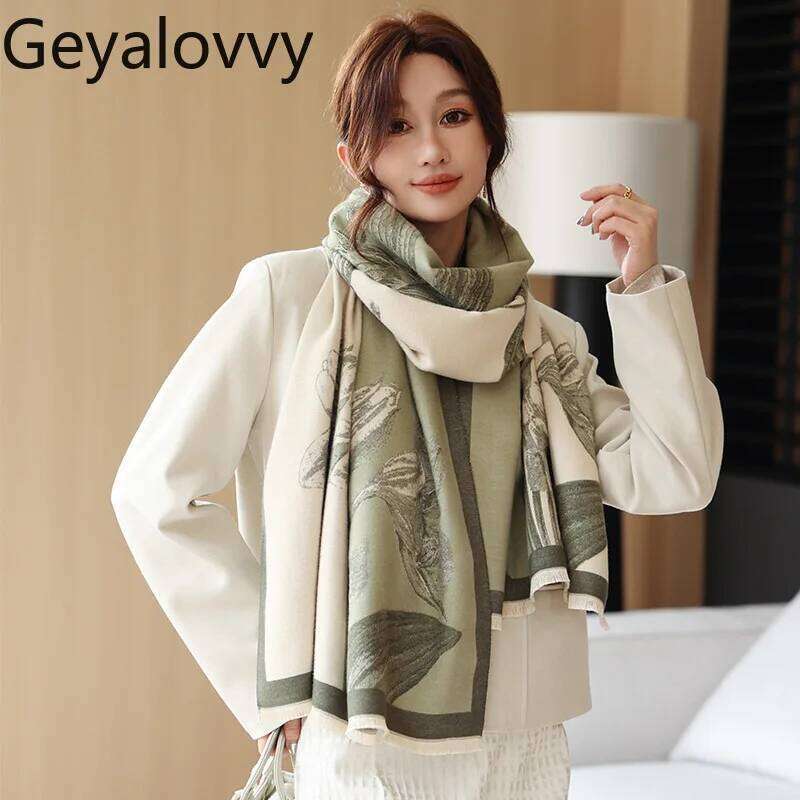 Korean Style Color Block Printed Fashion Imitation Cashmere Scarf for Women Autumn Winter Versatile Elegant Neck Warmer Shawl Z260226