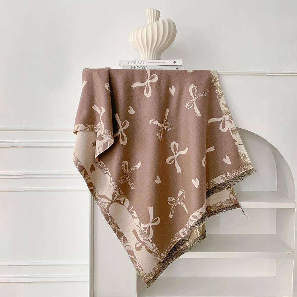 Unisex Reversible Faux Cashmere Scarf with Bow-Embellished Pattern Soft Warm Versatile Stylish Accessory for All Ages Z260226