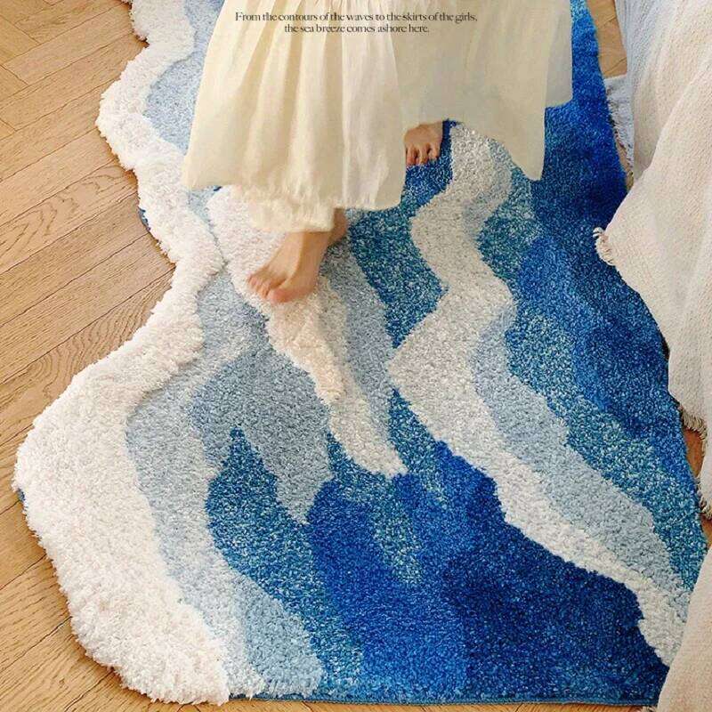 Blue Sea Wave Flocking Bedroom Rug Corridor Area Floor Pad Mat Doormat Aesthetic Home Decor H260226