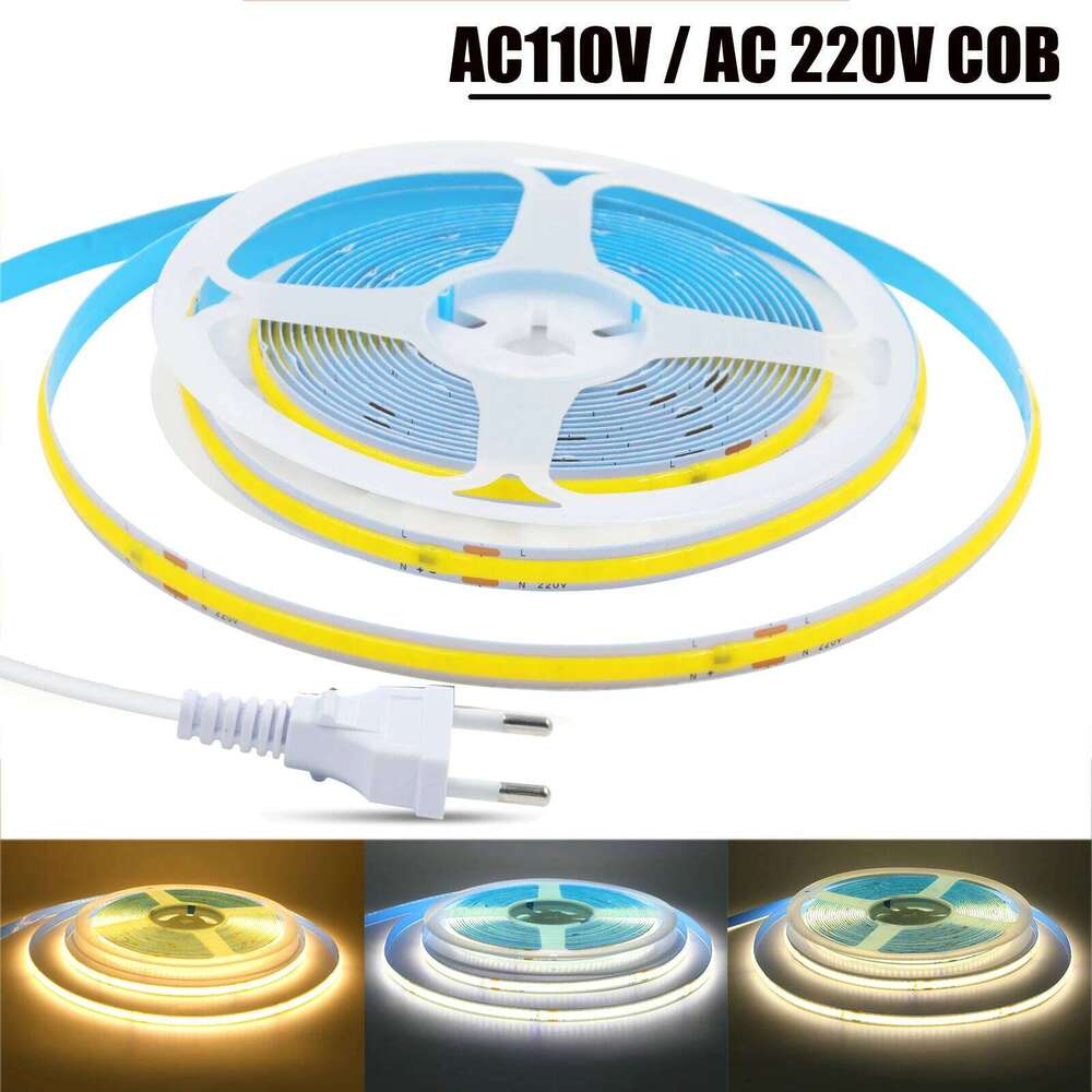 AC 220V 110V COB Strip 240LEDs/M 3000K 4000K 6000K 5M 10M 15M 20M EU/US Flexible Ribbon Rope LED Light For Home Decor Z260226