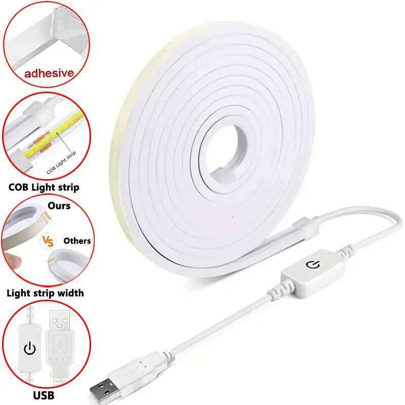 COB LED Strip 5V High Brightness Led Light Waterproof Flexible Ribbon Tape for Room Bedroom Kitchen, Outdoor Garden Lighting Z260226