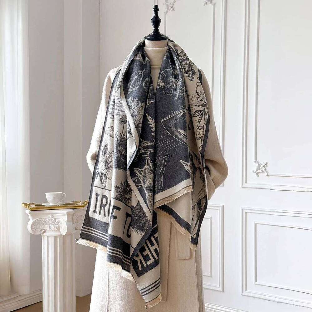 New Women's Fashion Faux Cashmere Winter Scarf Vintage Print With Tassels Thick Warm Pashmina Two-Sided Wrap Outdoor Shawls Z260226
