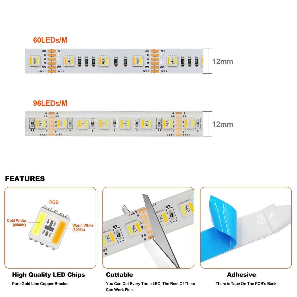 12V 24V Flexible RGB CCT LED Strip Light SMD 5050 5-in-1 Chip 60/96 LEDs/M Rope Tape For Living Room Bedroom Home Decor Z260226