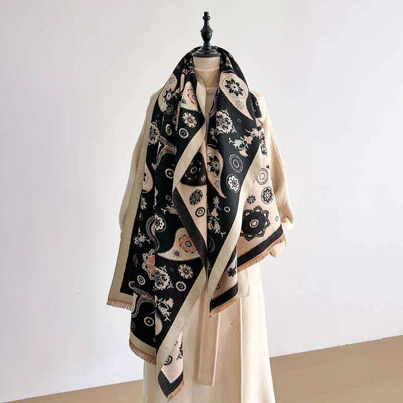 Women's Faux Cashmere Winter Scarf - Patterned with Cashew Flowers, Thick Warm Blanket Scarf, Fashionable & Luxurious Z260226