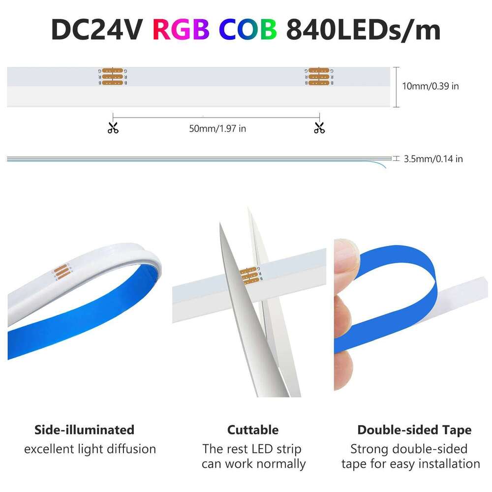 Side-illuminated RGB COB Strip DC 24V 840 LEDs/M High Bright IP20 Dotless Flexible Ribbon Diode Led Light For Home Decor Z260226