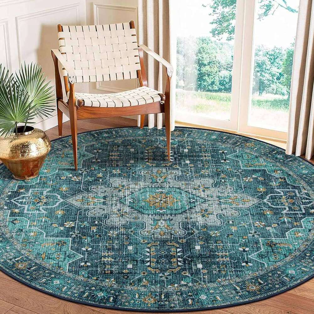 VIKAMA Round Vintage National Style Crystal Velvet Living Room Household Dirt And Wear Resistant Floor Mat H260226