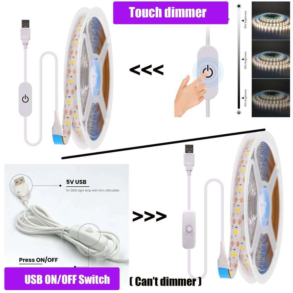 DC 5V USB Led Strip With Touch Dimmer/ON/OFF Switch TV Backlight Flexible Ribbon Tape Lamp For Home Decor White/Warm White/Blue Z260226