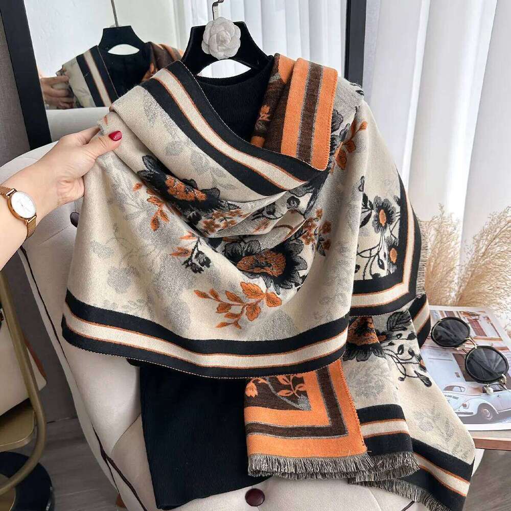 Elegant Flowers Jacquard Pashmina Imitation Cashmere Winter Thick Warmth Two-Sided Shawl Coldproof Windproof Blanket Scarf Z260226