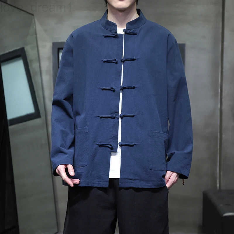 2024 Black White Chinese Shirt Man Cotton Linen Tang Suit Top Spring Autumn Long Sleeve Kung Fu Shirt Traditional Men Blouses H260227