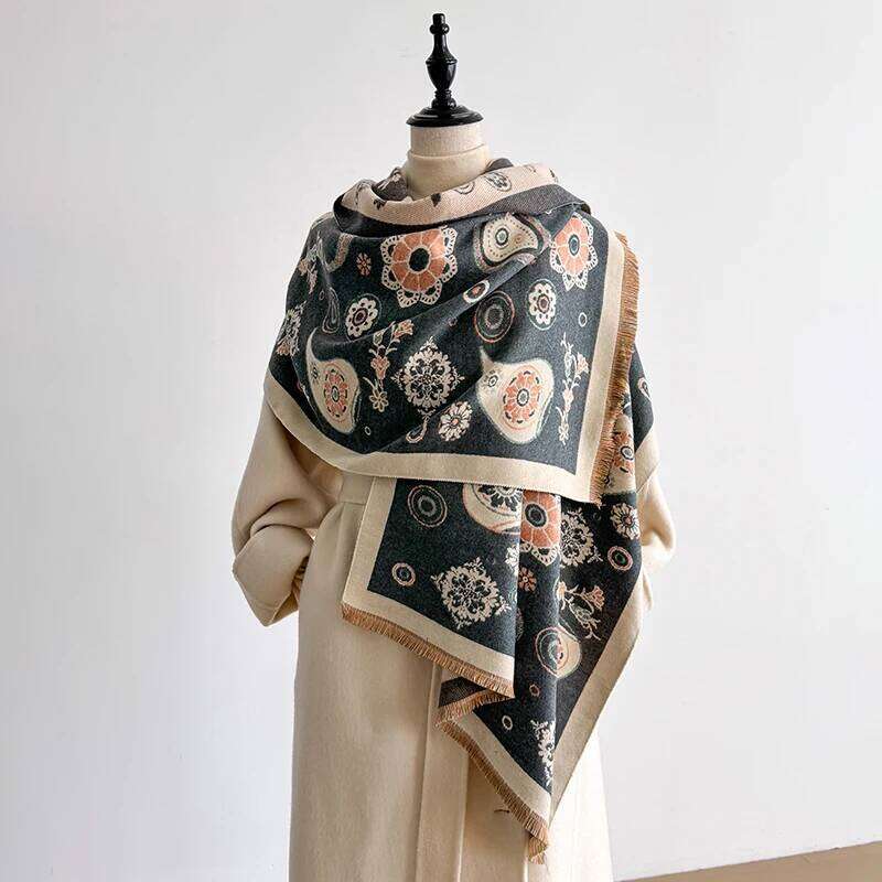 Women's Faux Cashmere Winter Scarf - Patterned with Cashew Flowers, Thick Warm Blanket Scarf, Fashionable & Luxurious Z260226