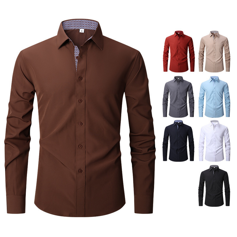 Beige Mens Solid Shirts Long Sleeve Fashion Casual Social Dress Shirt for Wedding Party Men Clothing 250919