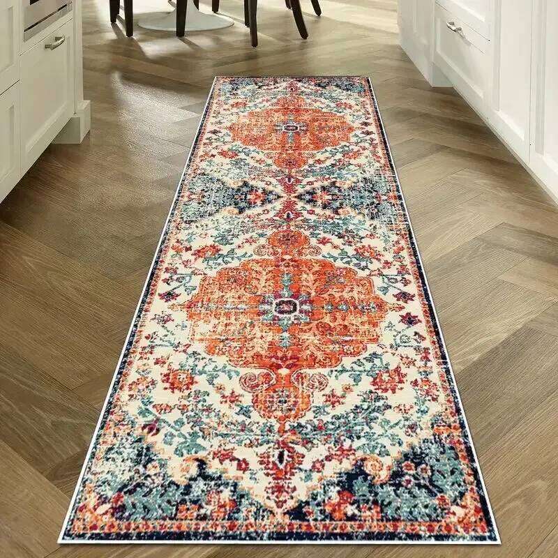 Vintage Distressed Runner Rug Non-slip Washable Durable Carpet for Hallway Kitchen Home Decor Orange Blue Black Purple H260226