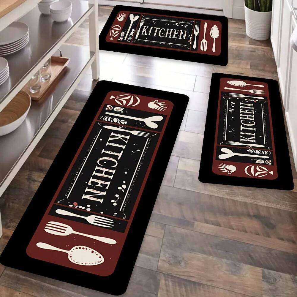 Kitchen Carpet Rug - Utensils Spoon & Spice Design with 'BON APPETIT' Quote for Dining Room Home Decoration Floor Mat H260226