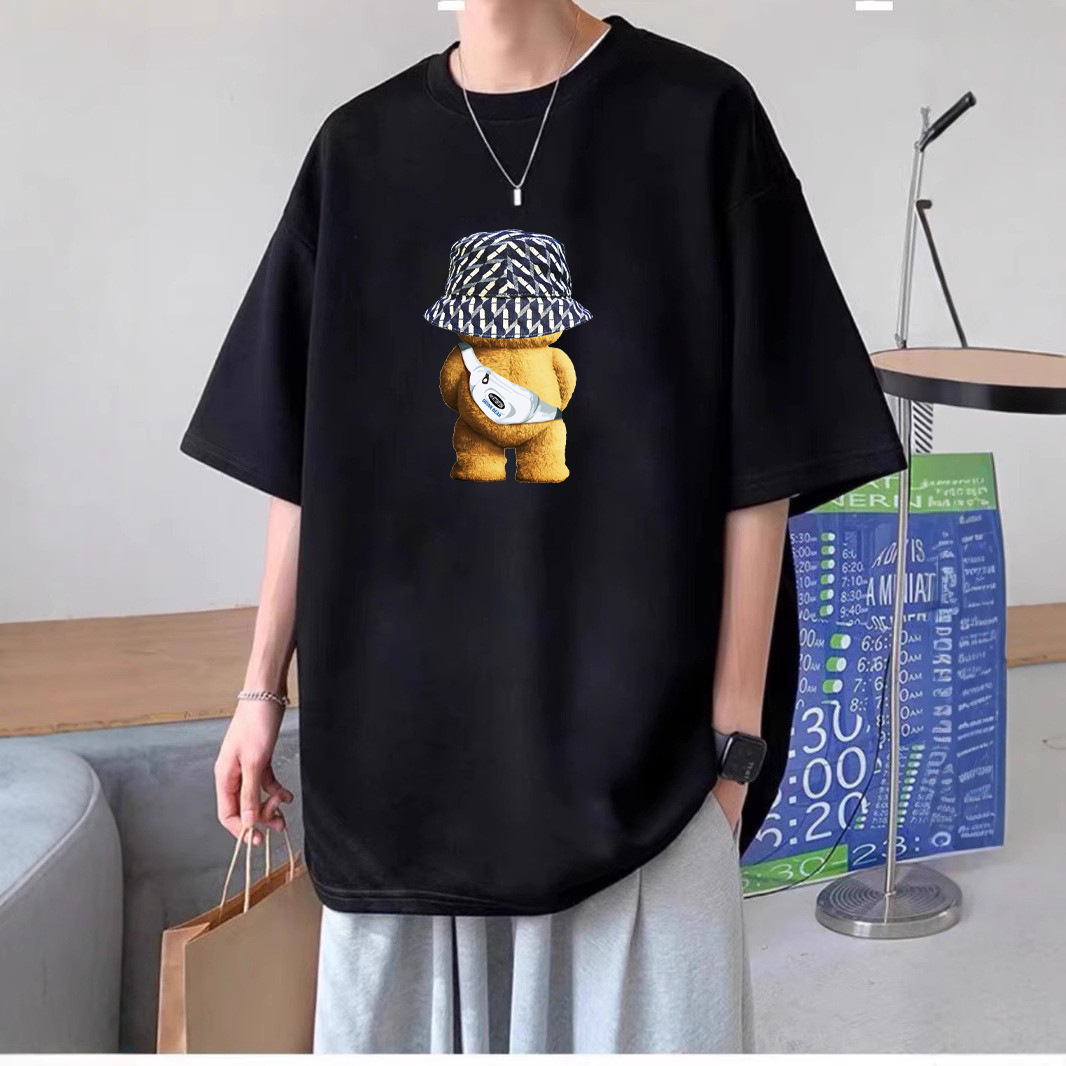 Unisex Couples Crew Neck 100% Cotton Short Sleeve T-shirt, Hong Kong Style Loose Fit Trendy Brand Printed Tees, Versatile Casual Basic Tops