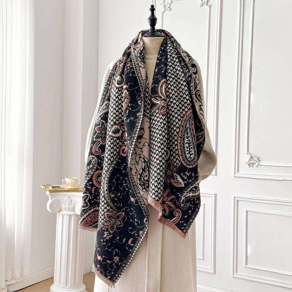 Women's Fashionable and Luxurious Imitation cashmere Winter ready, Thick Warm Blanket Scarf with Cashew Flower Details Z260226
