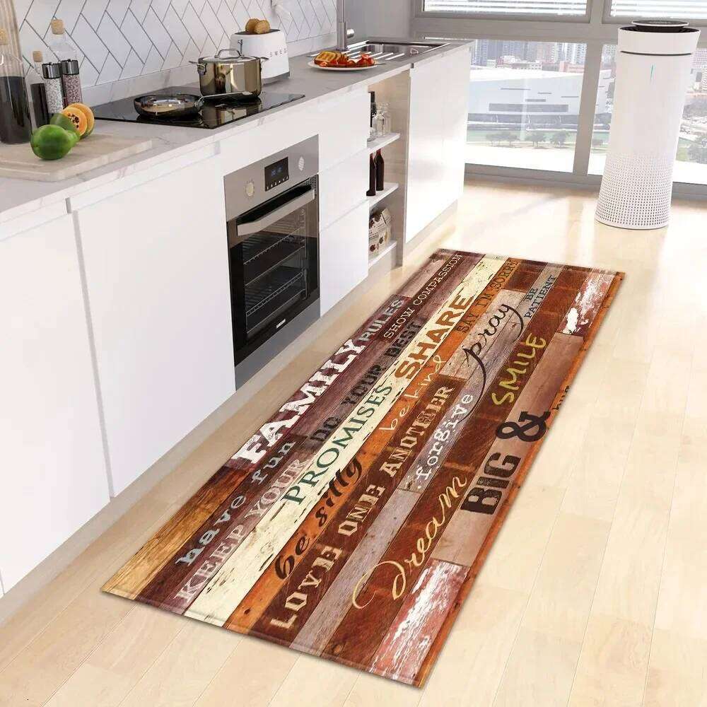 All Scene Non Slip Stylish Wood Runner Mat Heartwarming Slogan Warm Brown Vibrant Stripe Light Rug for Kitchen Bedroom Hallway H260226