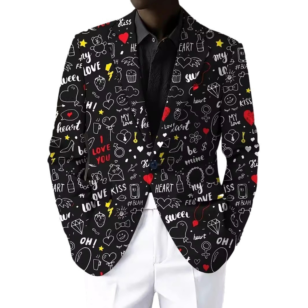 2024 Autumn New Style Color-Block Print Hip-Hop High Street Style Notched Collar Long Sleeve Blazer 240701