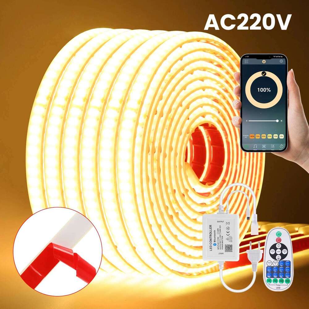 Bluetooth COB Strip IP67 Waterproof 220V 240Leds/m Flexible LED Tape RA90 Super Bright FOB Neon Light With EU UK Power Plug Z260226